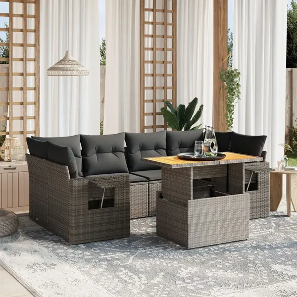 Salon de jardin avec coussins 7 pcs gris résine tressée