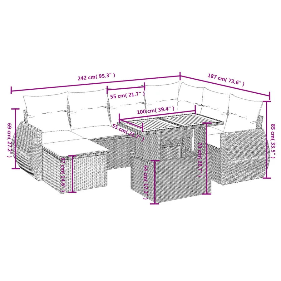 Salon de jardin 8 pcs avec coussins gris résine tressée - 3