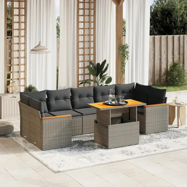 Salon de jardin 8 pcs avec coussins gris résine tressée