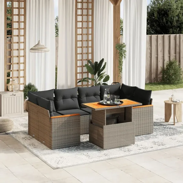 Salon de jardin avec coussins 7 pcs gris résine tressée