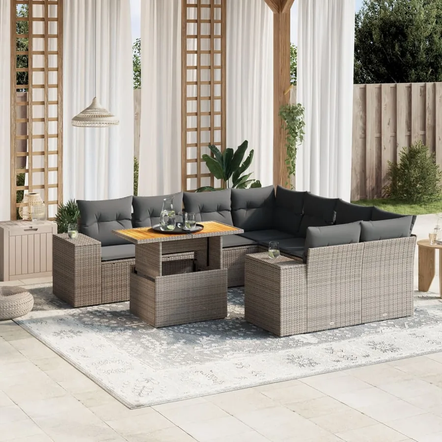 Salon de jardin 9 pcs avec coussins gris résine tressée