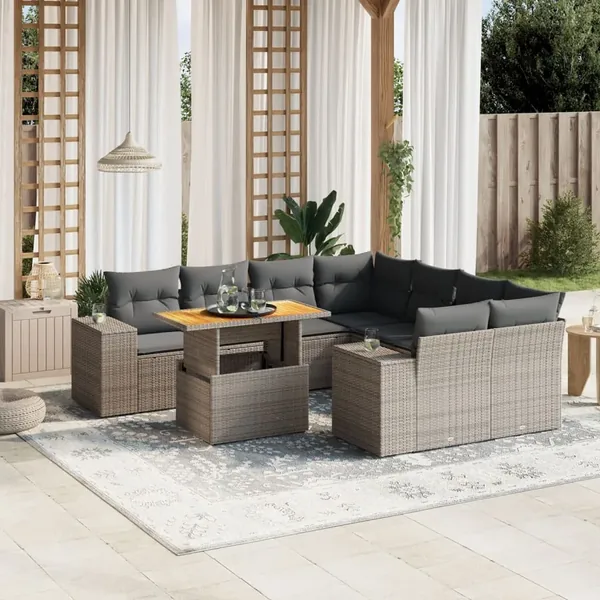 Salon de jardin 9 pcs avec coussins gris résine tressée