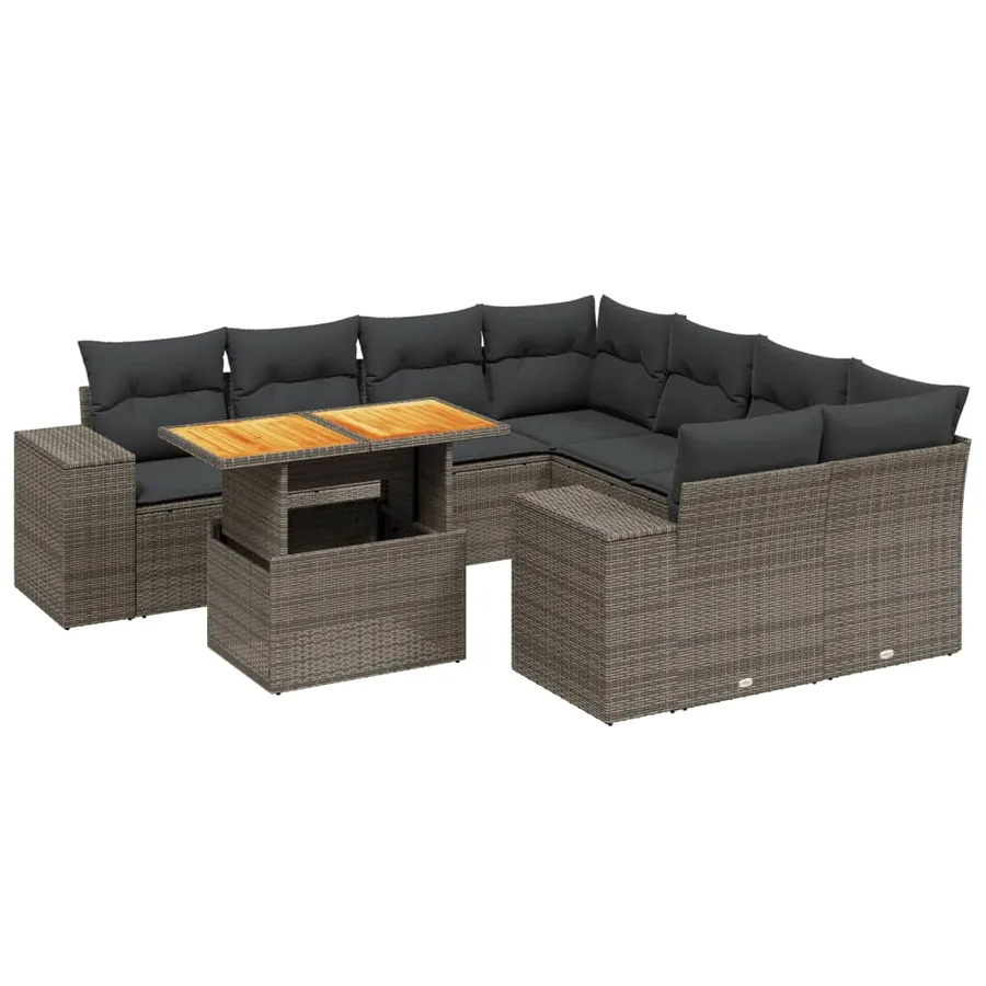 Salon de jardin 9 pcs avec coussins gris résine tressée - 2