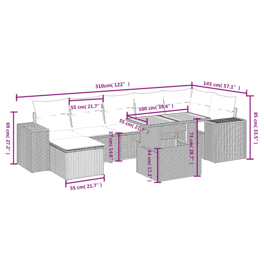 Salon de jardin 8 pcs avec coussins gris résine tressée - 3