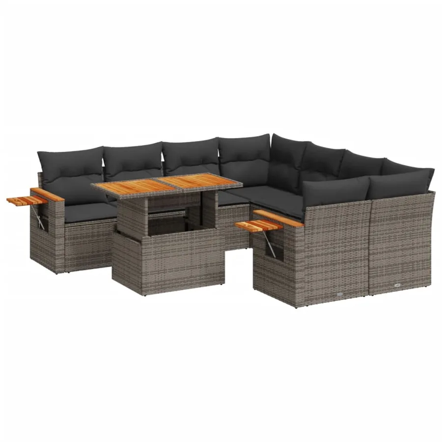 Salon de jardin 9 pcs avec coussins gris résine tressée - 2