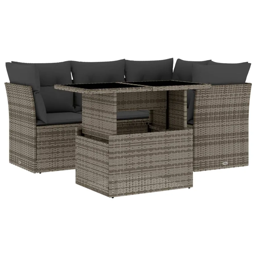 Salon de jardin 5 pcs avec coussins gris résine tressée - 2