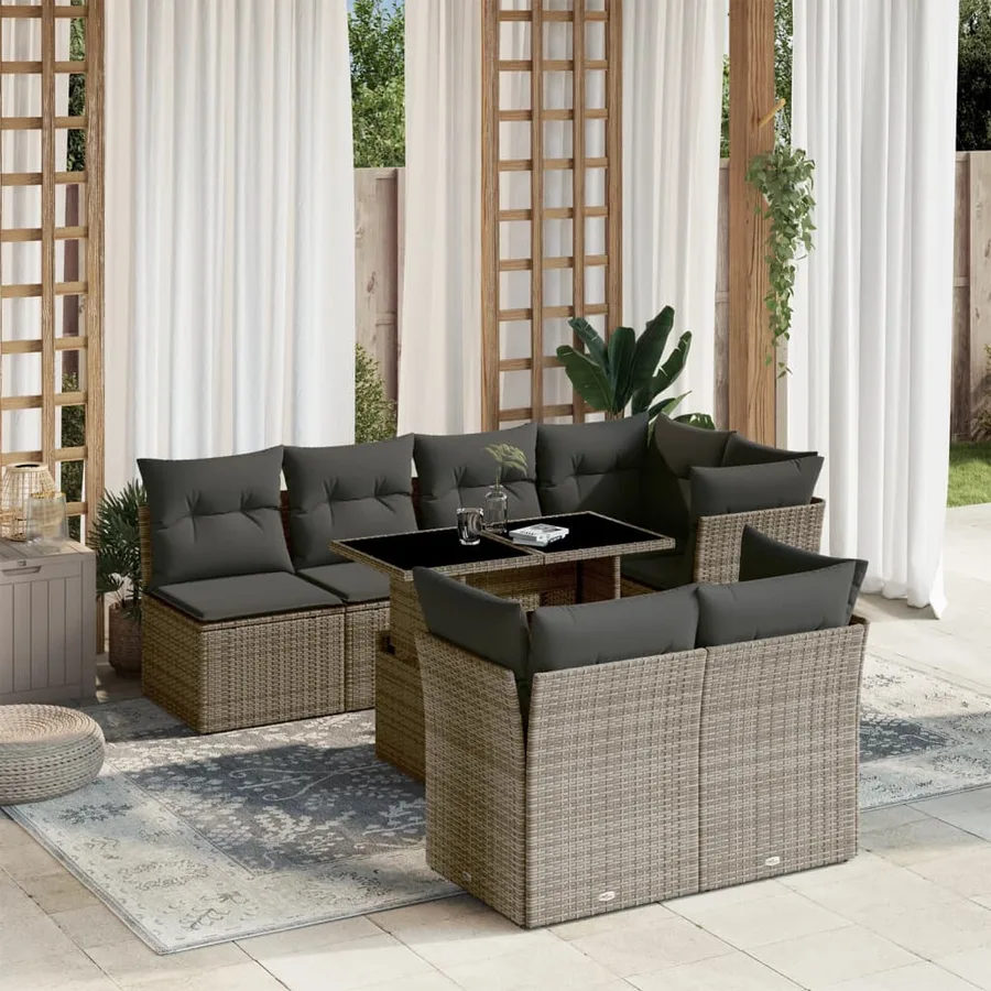 Salon de jardin 8 pcs avec coussins gris résine tressée - 2