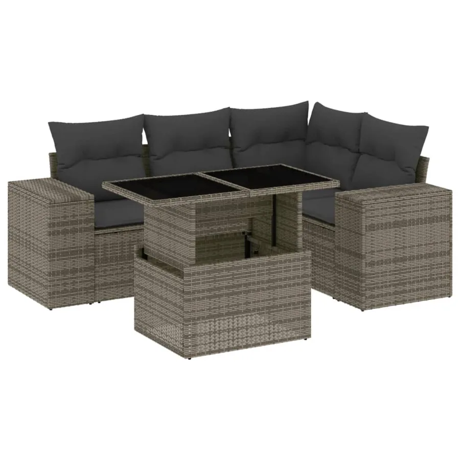 Salon de jardin 5 pcs avec coussins gris résine tressée - 2