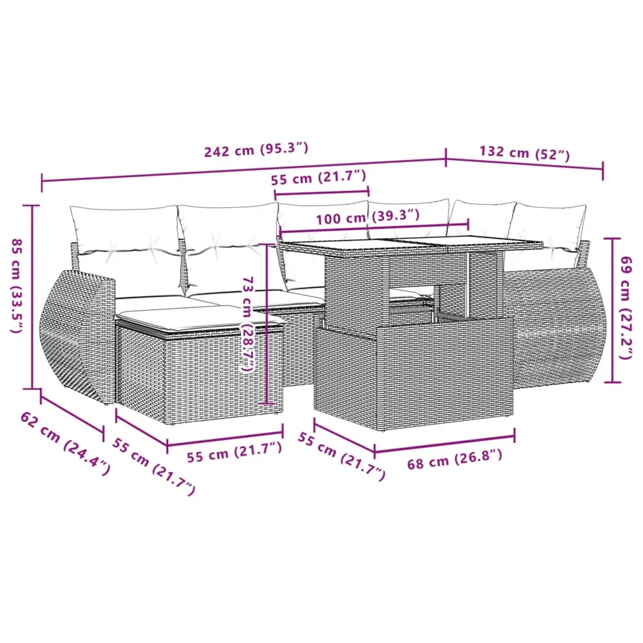 Salon de jardin avec coussins 7 pcs gris résine tressée - 11