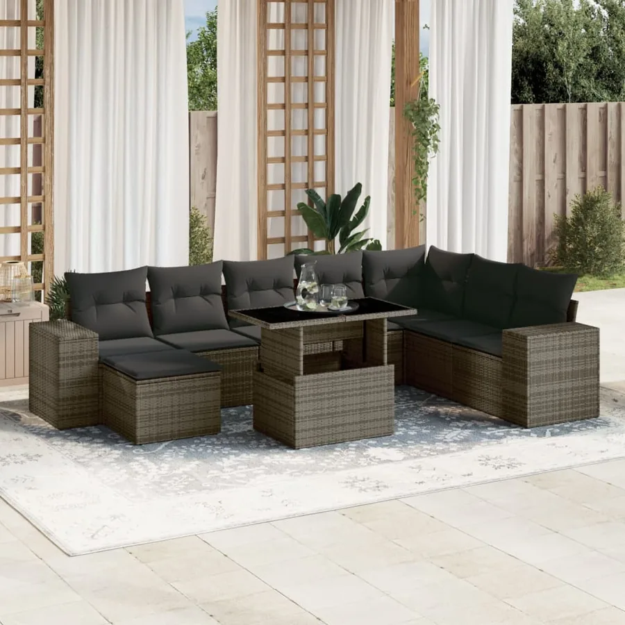 Salon de jardin 9 pcs avec coussins gris résine tressée