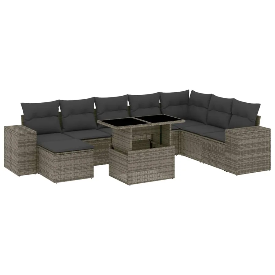 Salon de jardin 9 pcs avec coussins gris résine tressée - 2