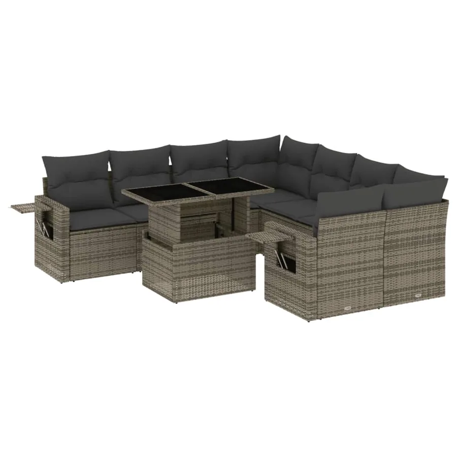 Salon de jardin 9 pcs avec coussins gris résine tressée - 2