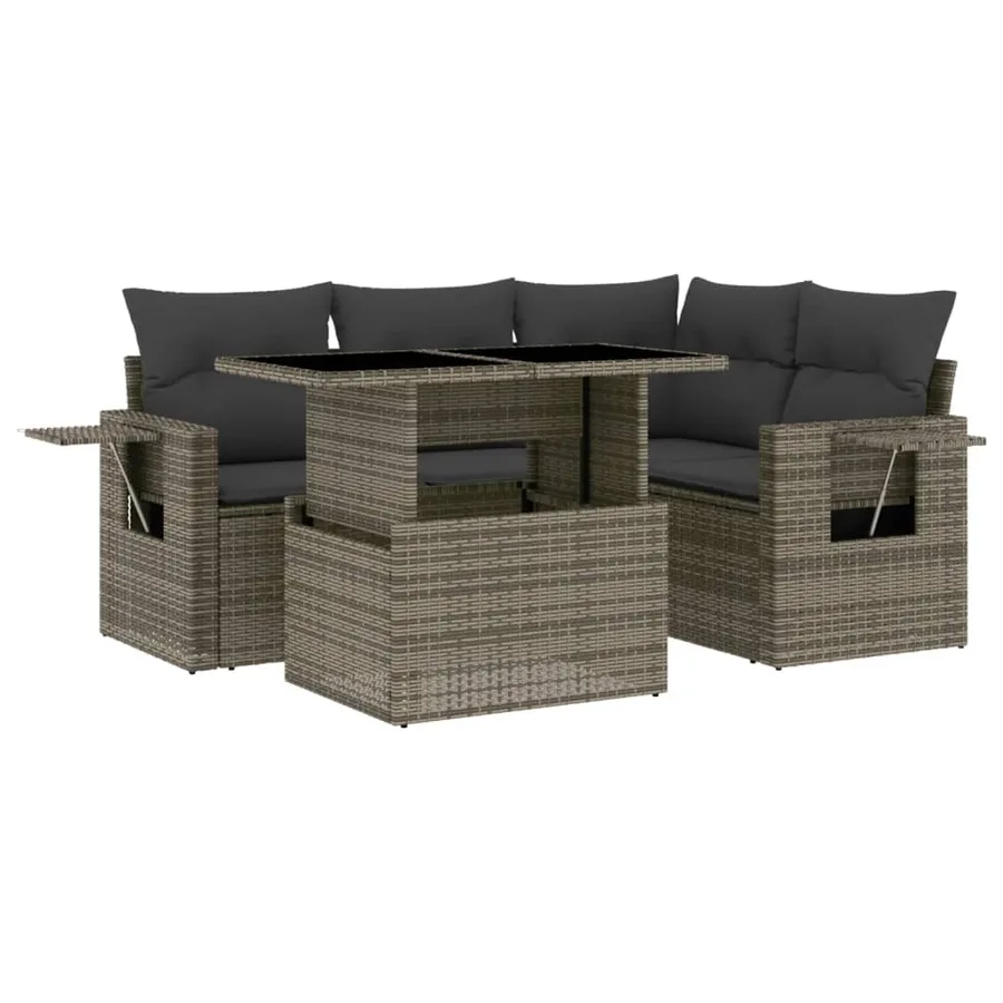 Salon de jardin 5 pcs avec coussins gris résine tressée - 2