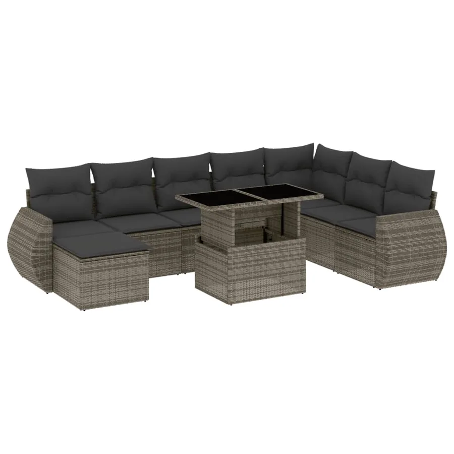 Salon de jardin 9 pcs avec coussins gris résine tressée - 2