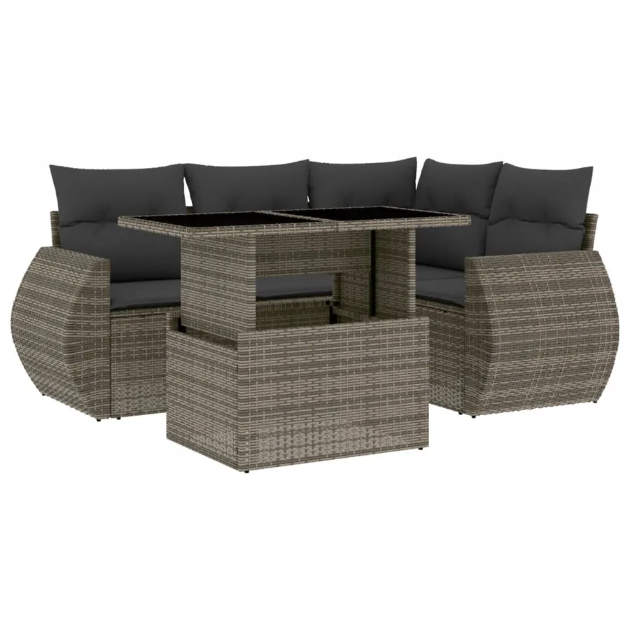 Salon de jardin 5 pcs avec coussins gris résine tressée - 2