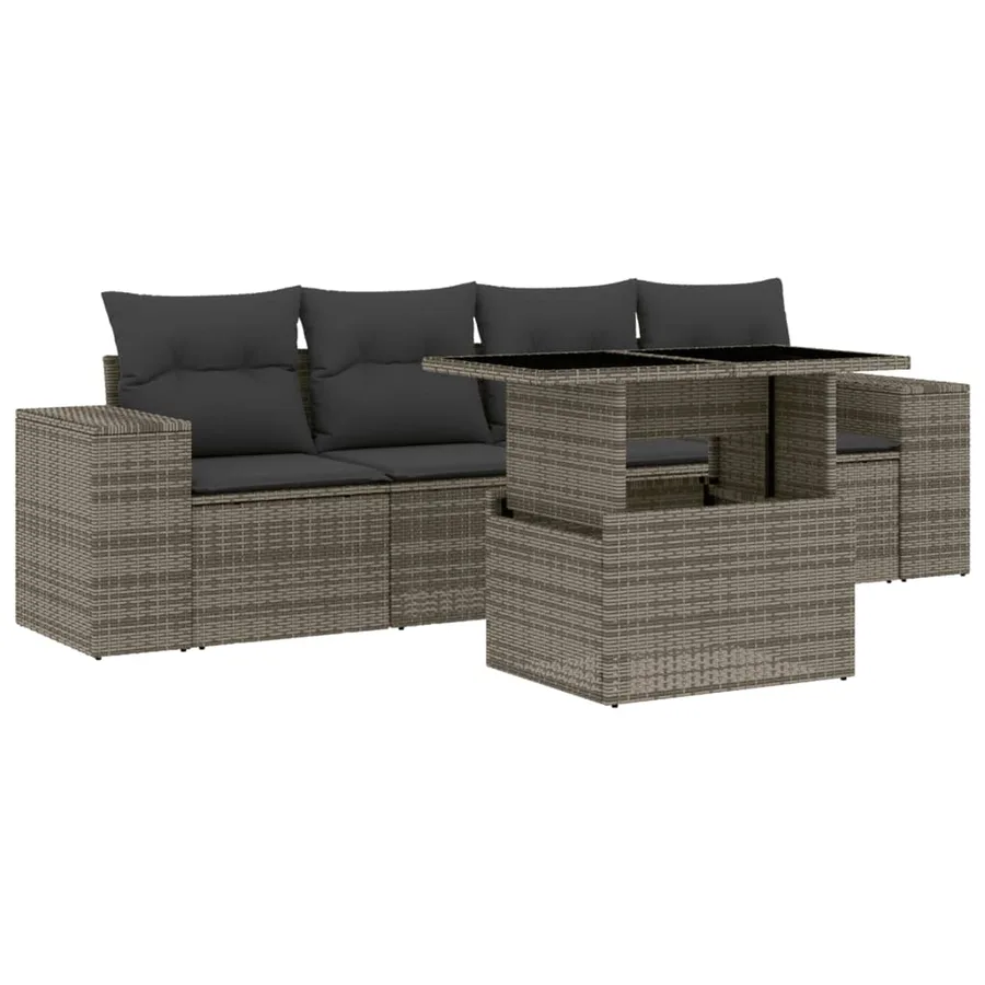 Salon de jardin 5 pcs avec coussins gris résine tressée - 2