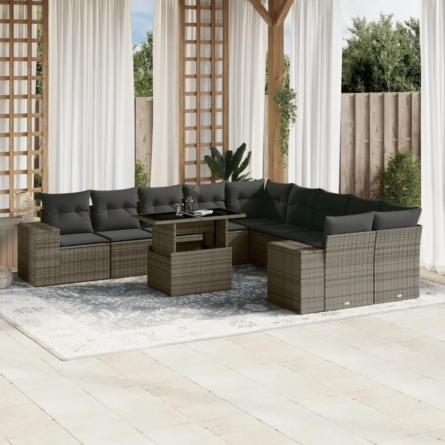 Salon de jardin 11 pcs avec coussins gris résine tressée