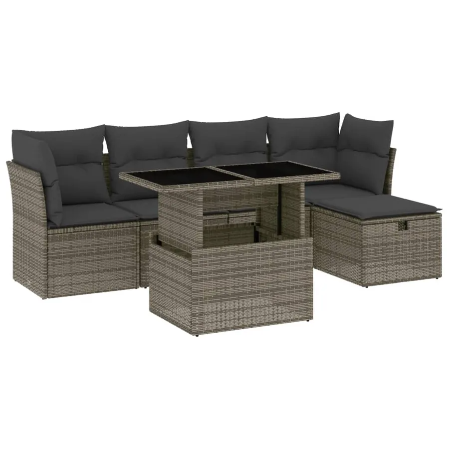 Salon de jardin 6 pcs avec coussins gris résine tressée - 2