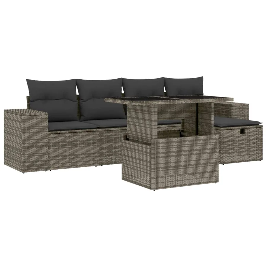 Salon de jardin 6 pcs avec coussins gris résine tressée - 2