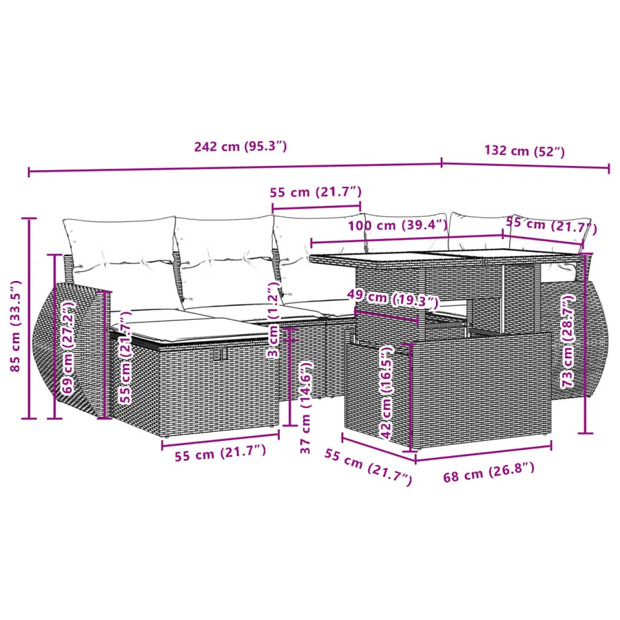 Salon de jardin avec coussins 7 pcs gris résine tressée - 13