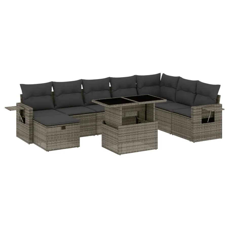 Salon de jardin 9 pcs avec coussins gris résine tressée - 2
