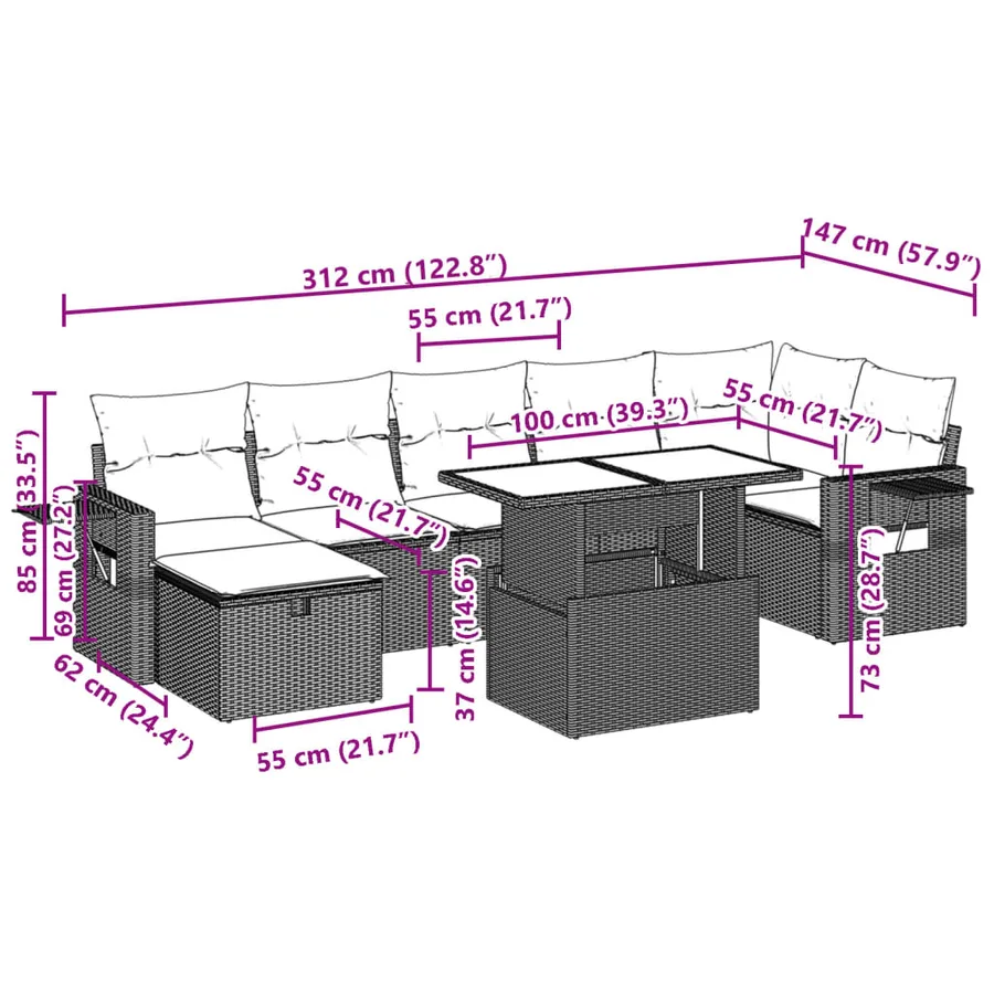 Salon de jardin 8 pcs avec coussins gris résine tressée - 13