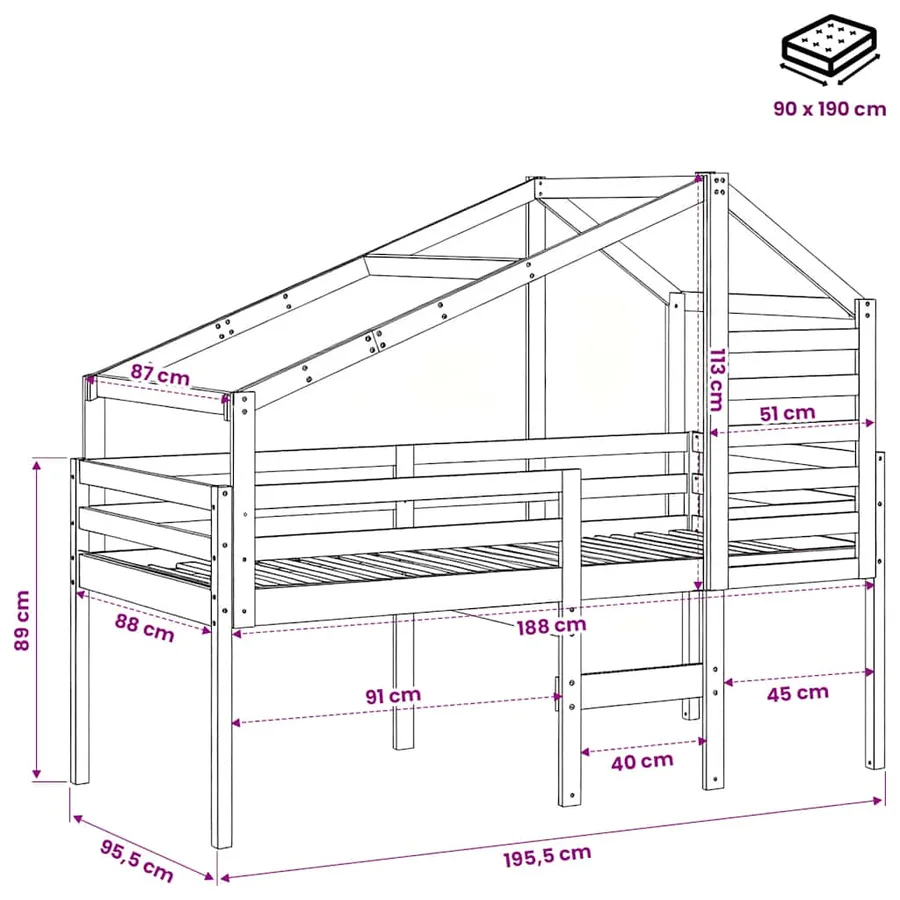 Lit haut sans matelas blanc 90x190 cm bois de pin massif - 12