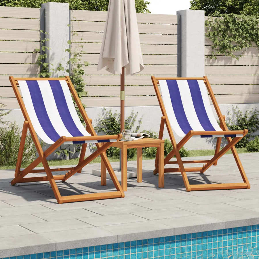 Chaise de plage pliable bleu et blanc bois d'eucalyptus/tissu - 3