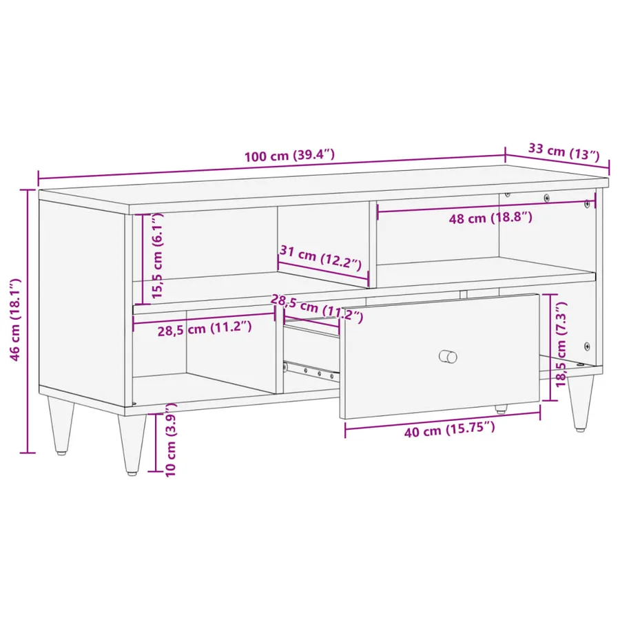 Meuble TV 100x33x46 cm bois massif de manguier - 11