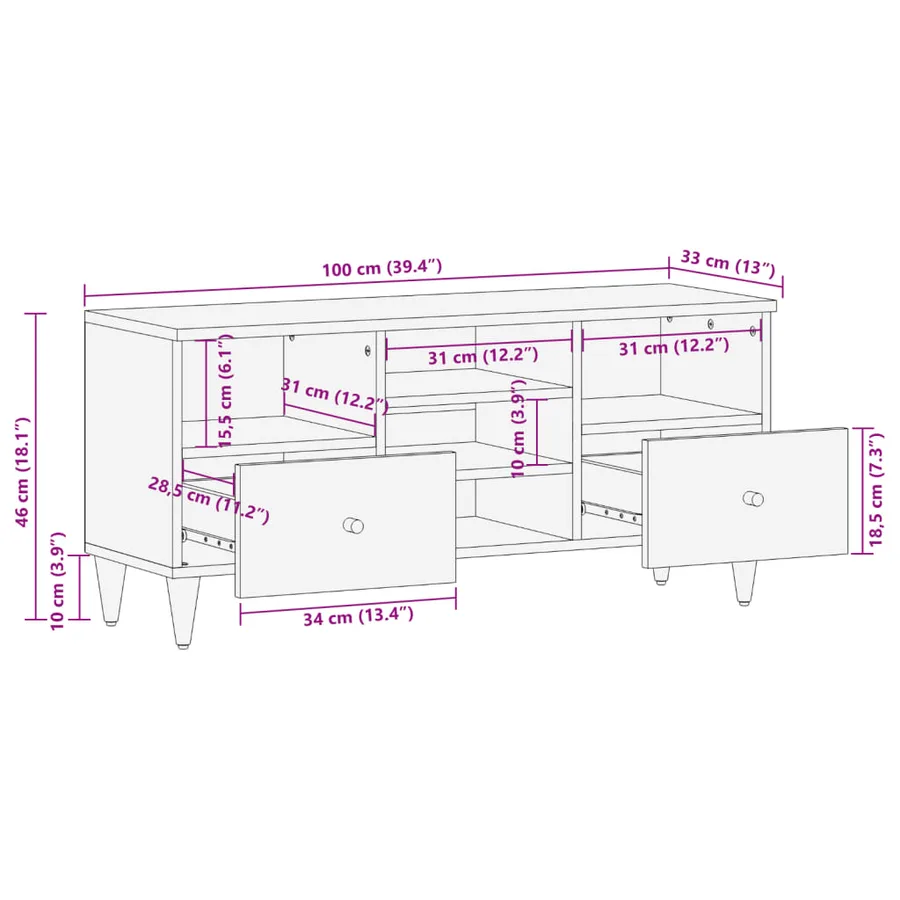 Meuble TV 100x33x46 cm bois massif de manguier - 11