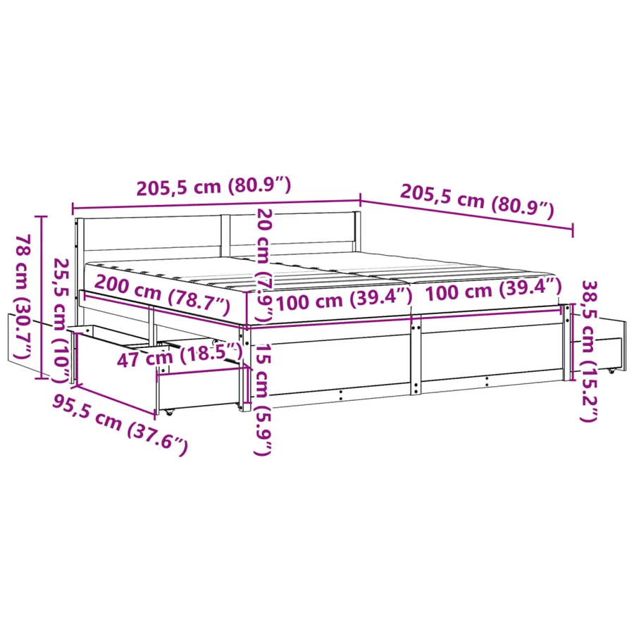 Lit avec tiroirs et matelas 200x200 cm bois massif de pin - 14