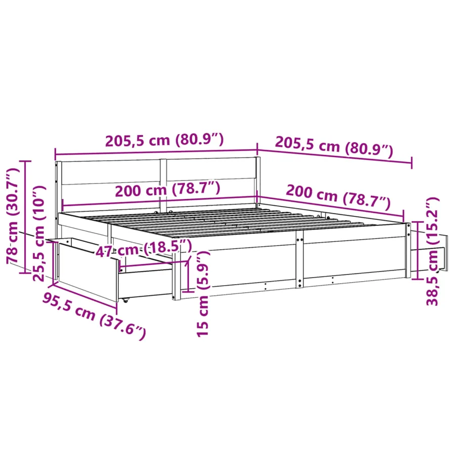 Cadre de lit sans matelas 200x200 cm bois massif de pin - 10