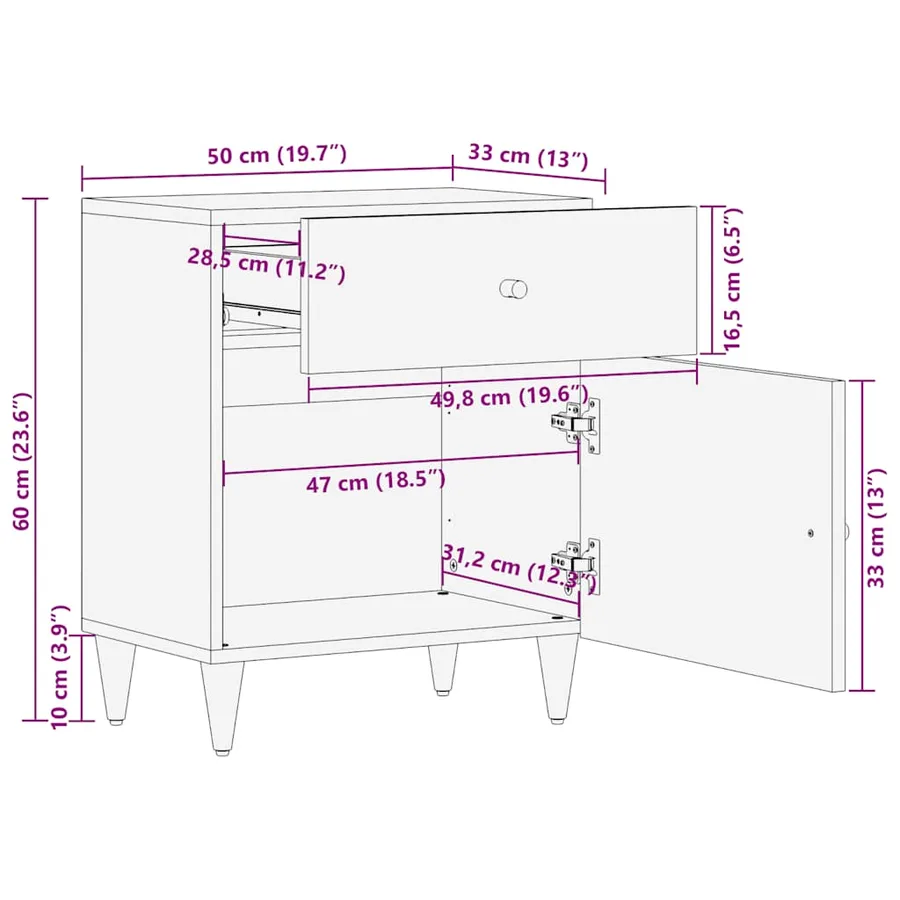 Table de chevet 50x33x60 cm bois de manguier massif - 12