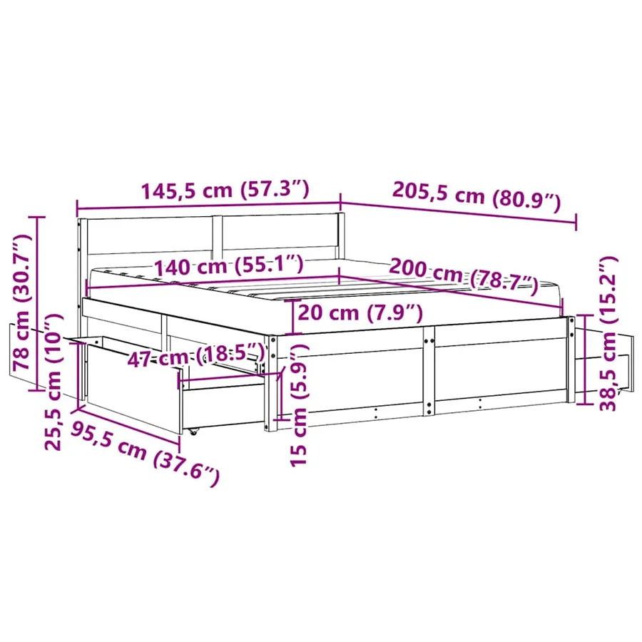 Lit avec tiroirs et matelas blanc 140x200 cm bois massif de pin - 14