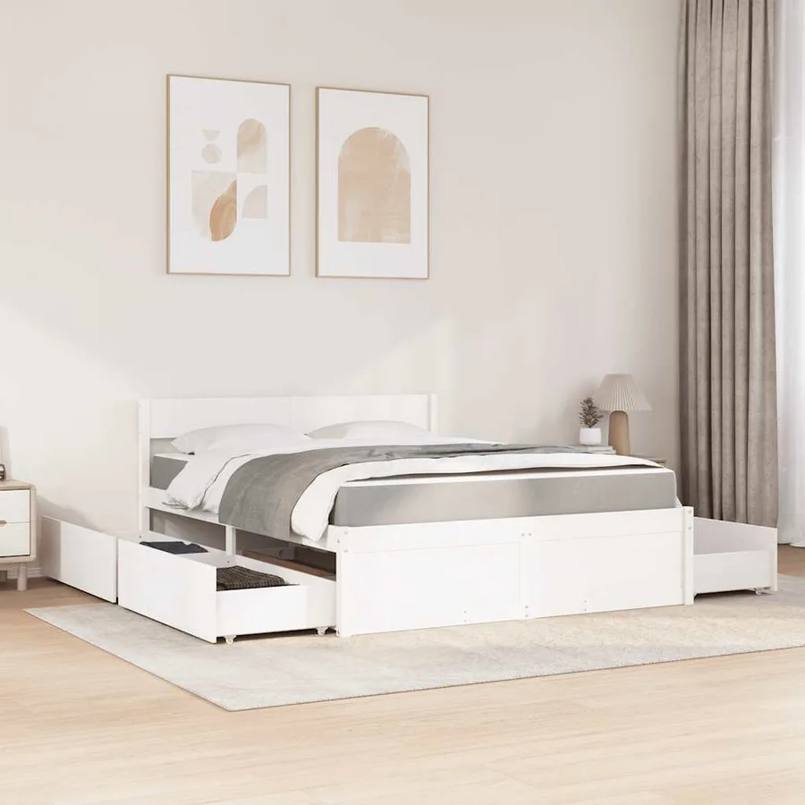 Lit avec tiroirs et matelas blanc 140x200 cm bois massif de pin - 3
