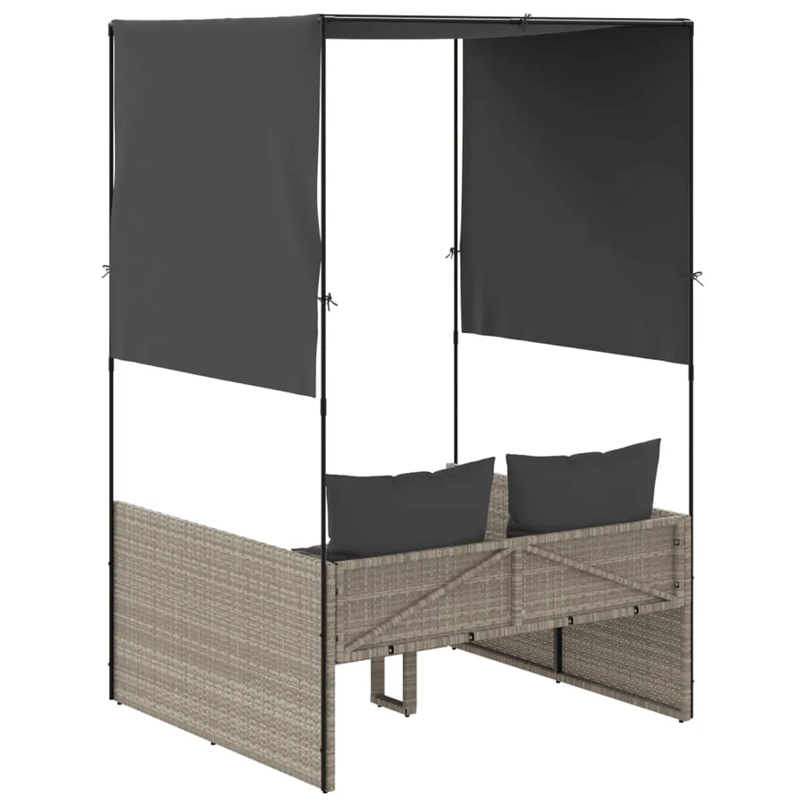 Chaise longue double avec toit et rideaux gris clair poly rotin - 5