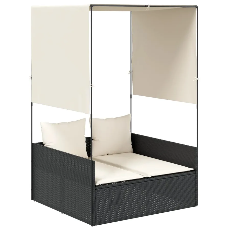 Chaise longue double avec toit et rideaux noir résine tressée - 2