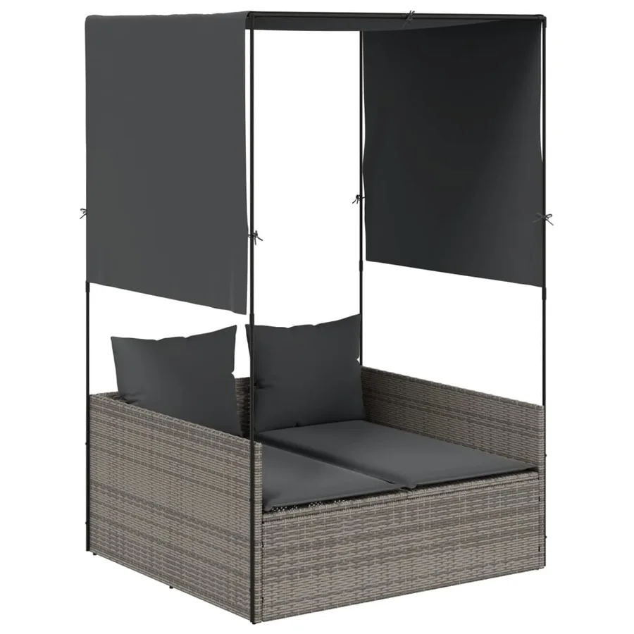 Chaise longue double avec toit et rideaux gris résine tressée - 2