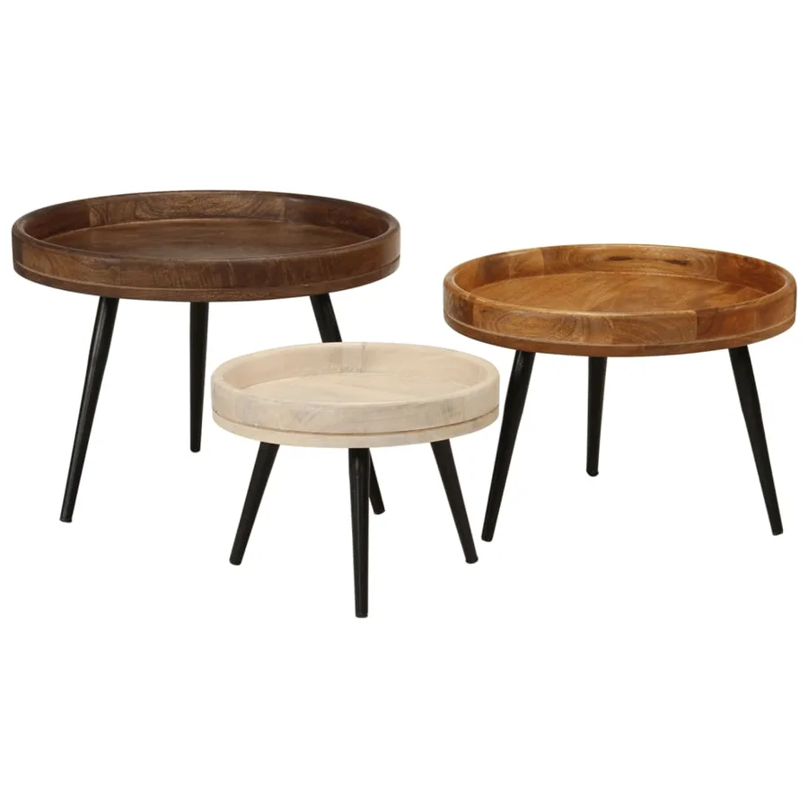 Tables basses rondes 3 pcs bois de manguier massif - 12