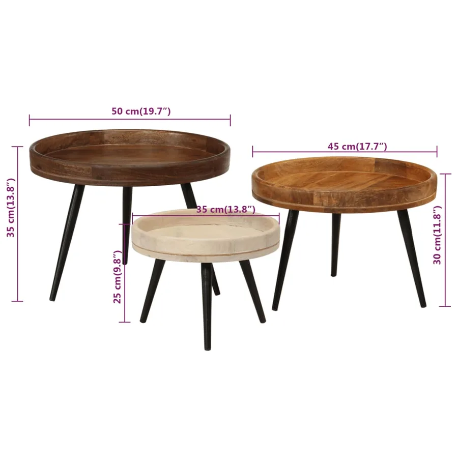 Tables basses rondes 3 pcs bois de manguier massif - 8