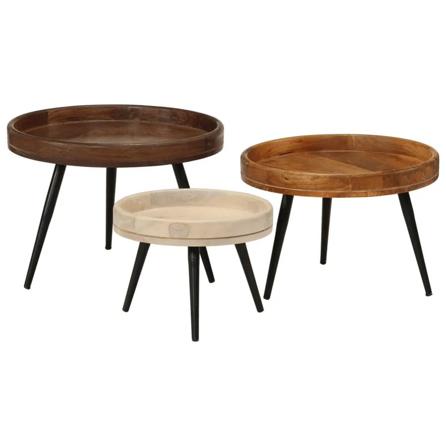 Tables basses rondes 3 pcs bois de manguier massif - 9