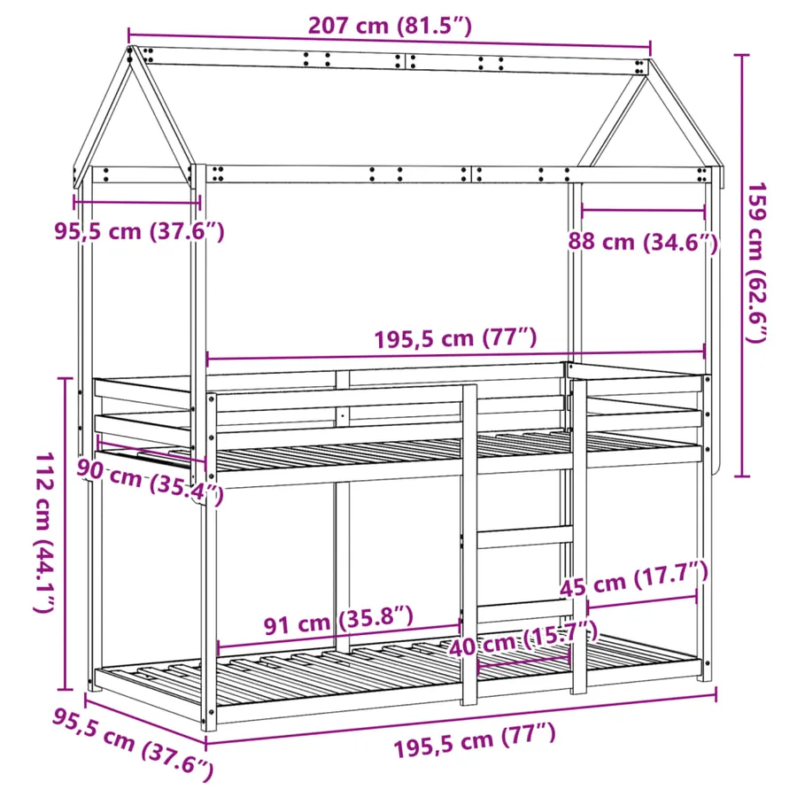 Lit superposé sans matelas blanc 90x190 cm bois de pin massif - 12
