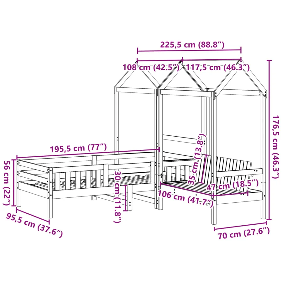 Ensemble de lit et de banc avec toit sans matelas 90x190 cm - 13