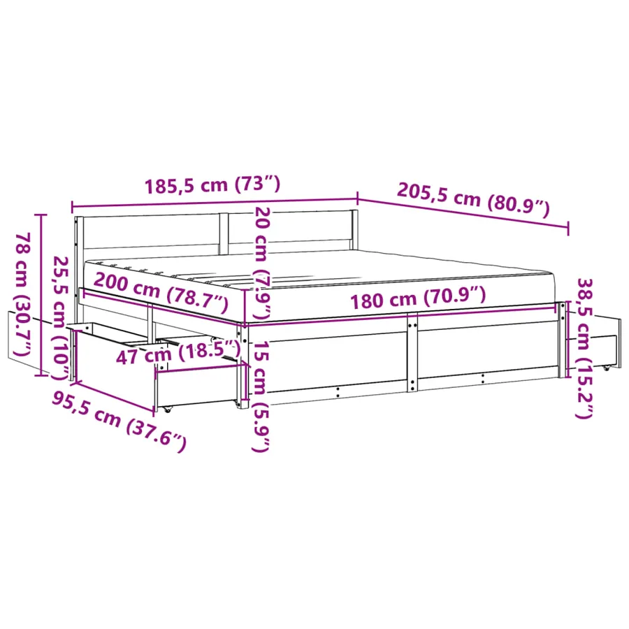 Lit avec tiroirs et matelas blanc 180x200 cm bois massif de pin - 14