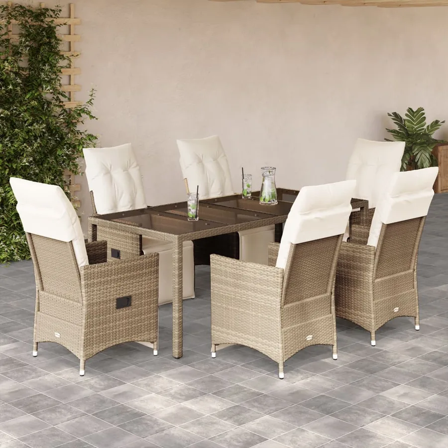 Ensemble de bistro de jardin 7 pcs coussins beige poly rotin