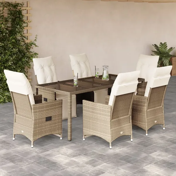 Ensemble de bistro de jardin 7 pcs coussins beige poly rotin