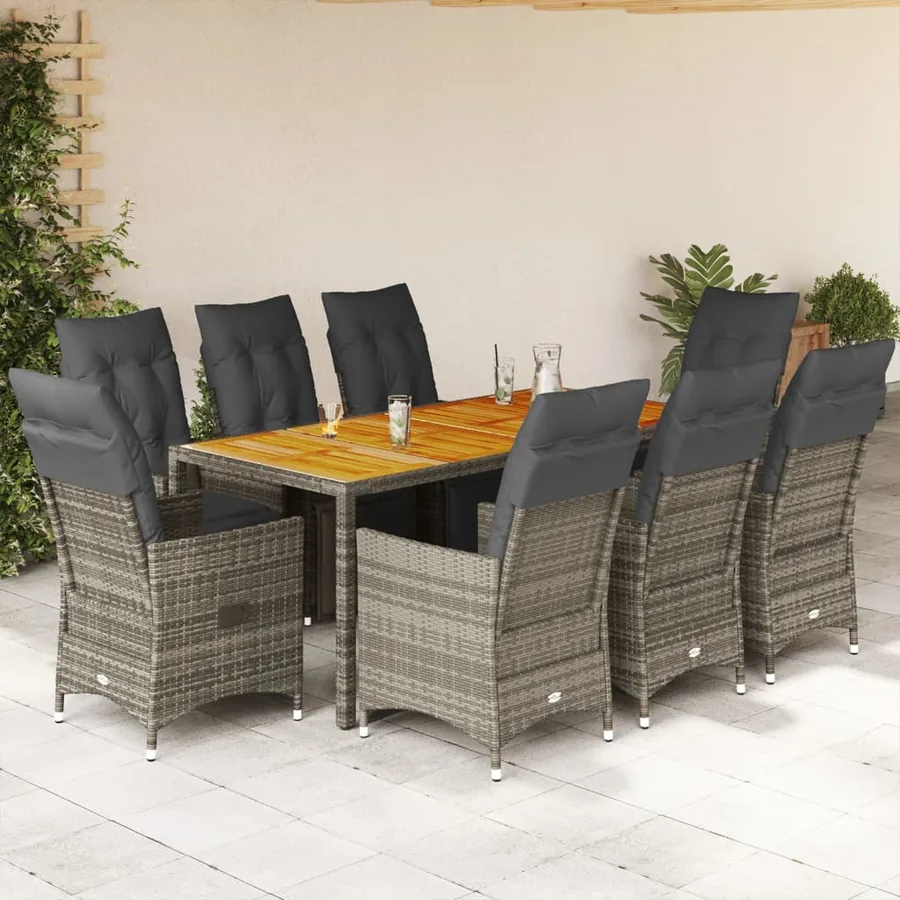 Ensemble de bistro de jardin 9 pcs coussins gris poly rotin