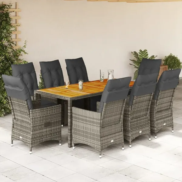 Ensemble de bistro de jardin 9 pcs coussins gris poly rotin