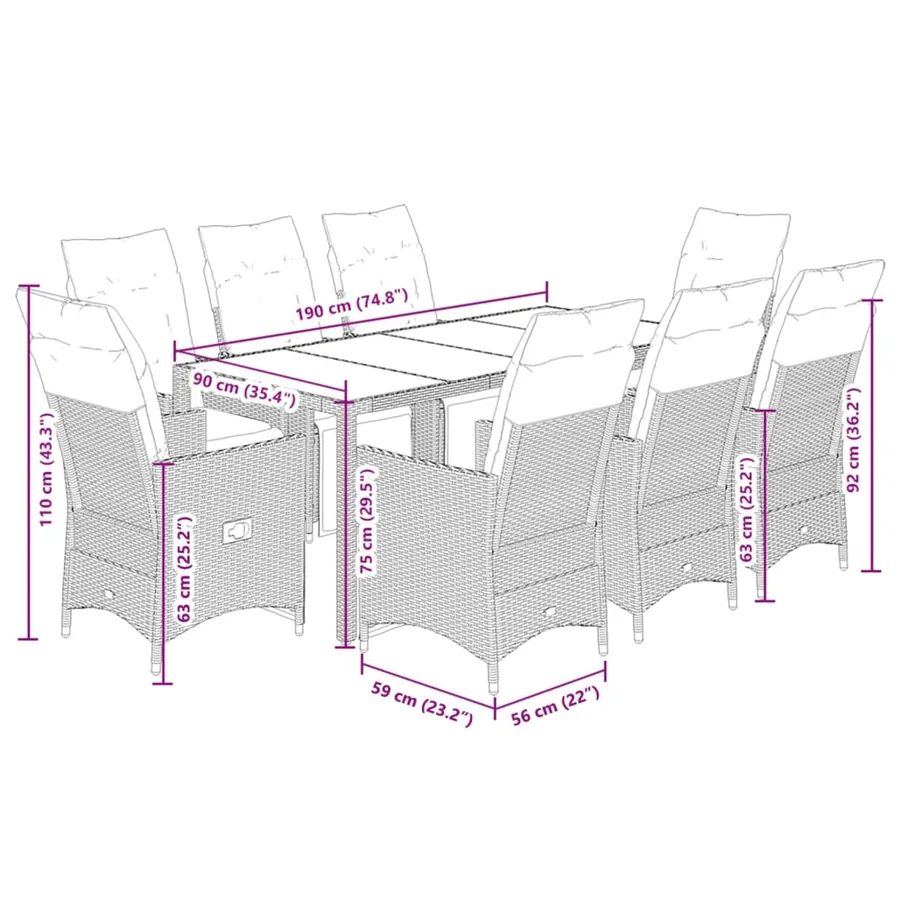 Ensemble de bistro de jardin 9 pcs coussins gris poly rotin - 7