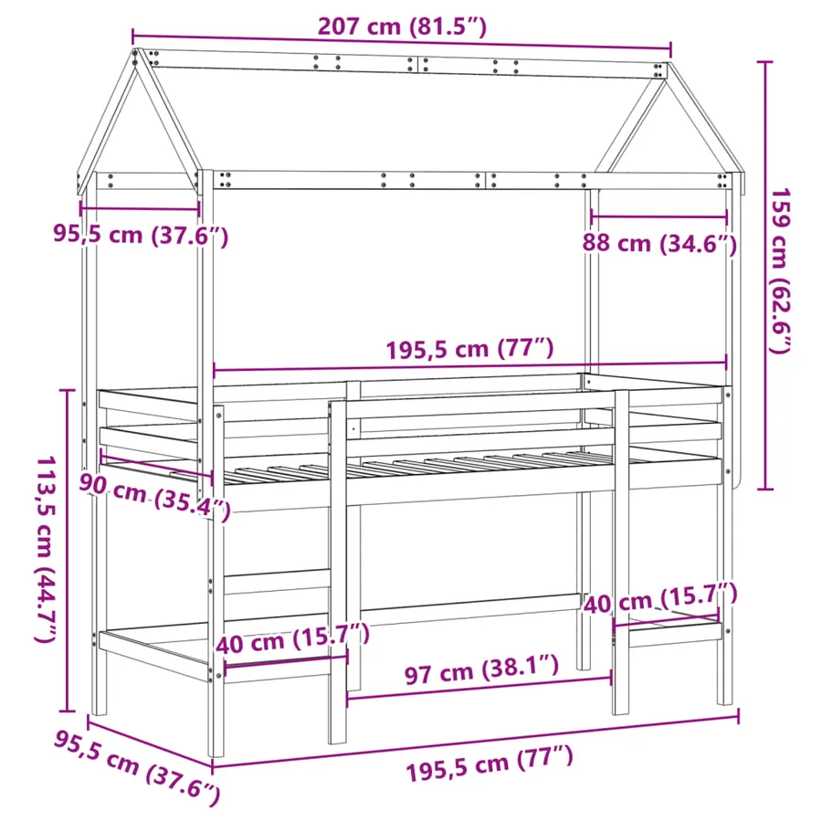Lit superposé avec échelle et toit sans matelas 90x190 cm - 12